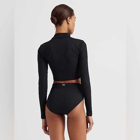 Lauren Ralph Lauren Ribbed Cropped Mockneck Rash Guard Black Swim TOP ONLY NEW - Picture 4 of 9